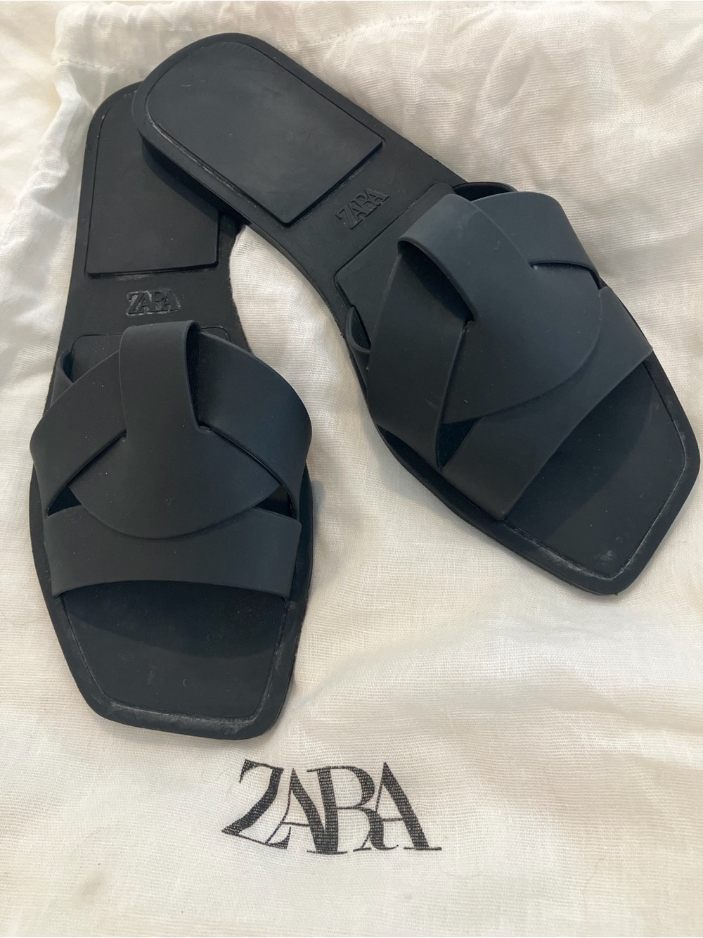 Zara Matte Black Rubber Braided Square-Toe Slide Sandals 38